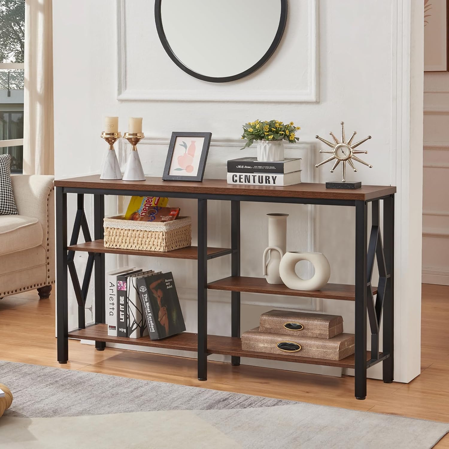 HOMBAZAAR Console Sofa Table, Rustic Entryway Table with Metal Frame and Open Shelves, Industrial Hallway Table with 3 Tier for Entry, Living Room, Foyer,Brown,47 inch
