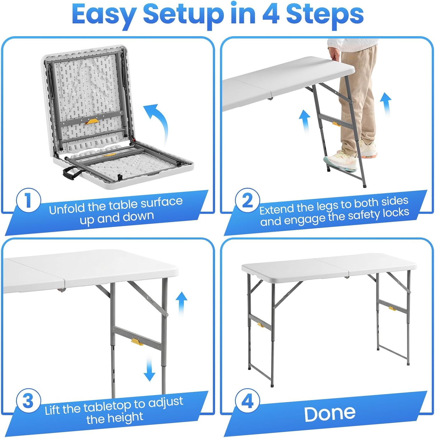 4 Foot Foldable Table with Built in Handle & Steel Legs, 4FT Portable Adjustable Height Heavy Duty Small Card Folding Table for Parties, Dining, Events, Picnic, Indoor & Outdoor, Camping, Utility