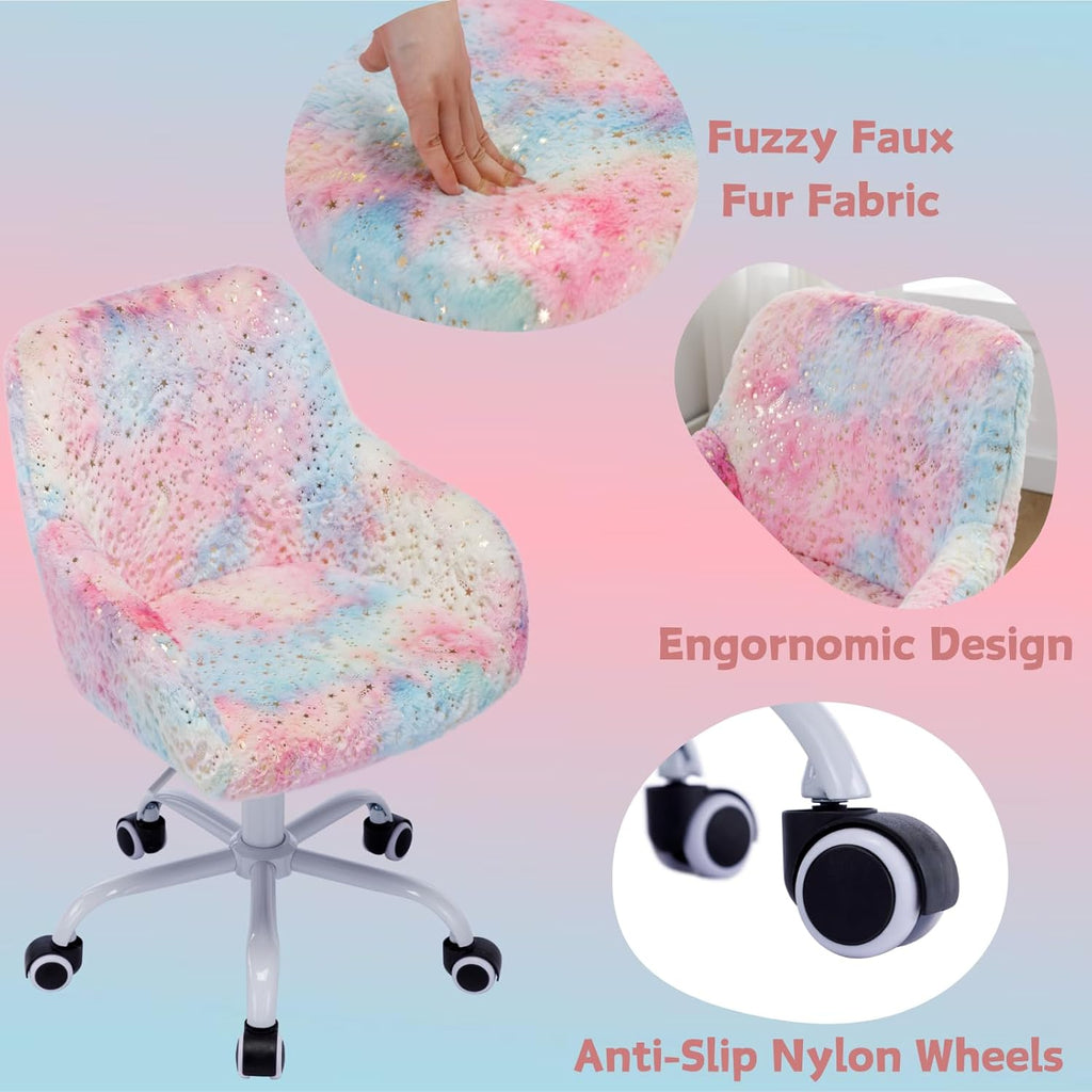 LukeAlon Kids Adjustable Desk Chair, Furry Study Chair with Swivel Base, Cute Faux Fur Reading Chair, Comfy Upholstered Computer Chair with Arms for Girls Children, Light Colorful