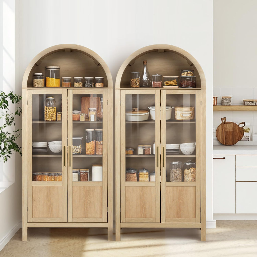 Arched Storage Cabinet with 2 Doors and 5-Tier Shelves for Living Room, 71" Tall Wooden Pantry Cabinet for Dining Room and Kitchen, Floor Bathroom Organizer, Natural Wood Color