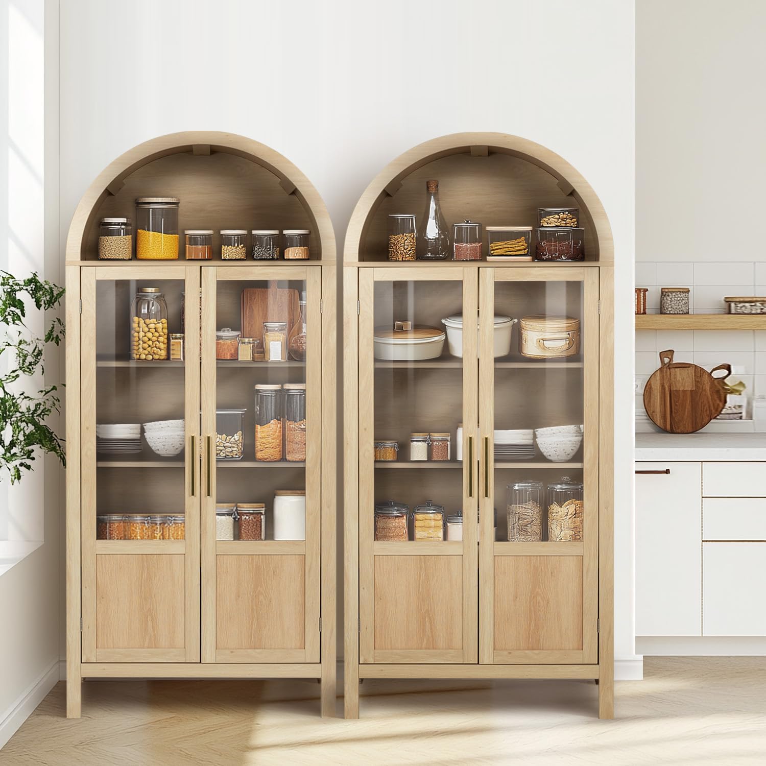 Arched Storage Cabinet with 2 Doors and 5-Tier Shelves for Living Room, 71" Tall Wooden Pantry Cabinet for Dining Room and Kitchen, Floor Bathroom Organizer, Natural Wood Color