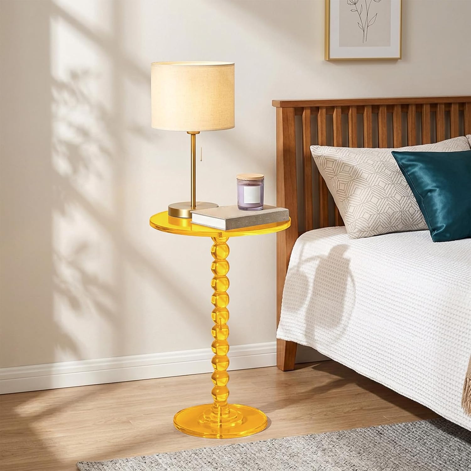 Acrylic Round Side Table Clear End Stand with Column Base Transparent Modern Pedestal Drink Storage Small Space Bedside Nightstand for Living Room Bedroom Balcony Home Decor Orange