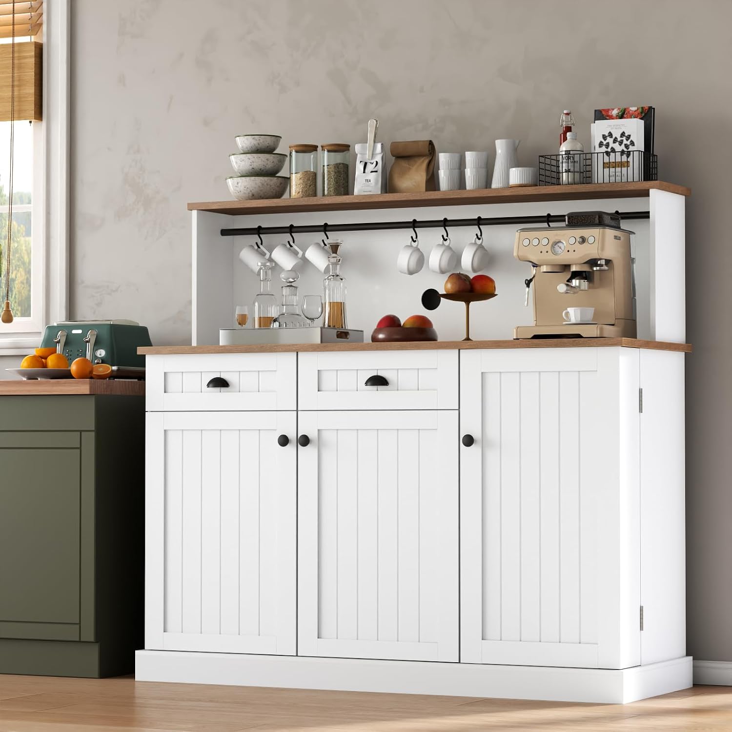 Gyfimoie Sideboard Buffet Cabinet with 2 Drawers, Farmhouse Kitchen Pantry with Adjustable Shelves, Coffee Bar Cupboard Cabinet with 3 Doors for Kitchen, Dining Room (White)