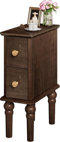 Solid Wood End Table, Walnut Narrow Side Table with Drawers, Small Nightstand Skiny Beside Table for Small Space, Living Room, Bedroom, 8" Width