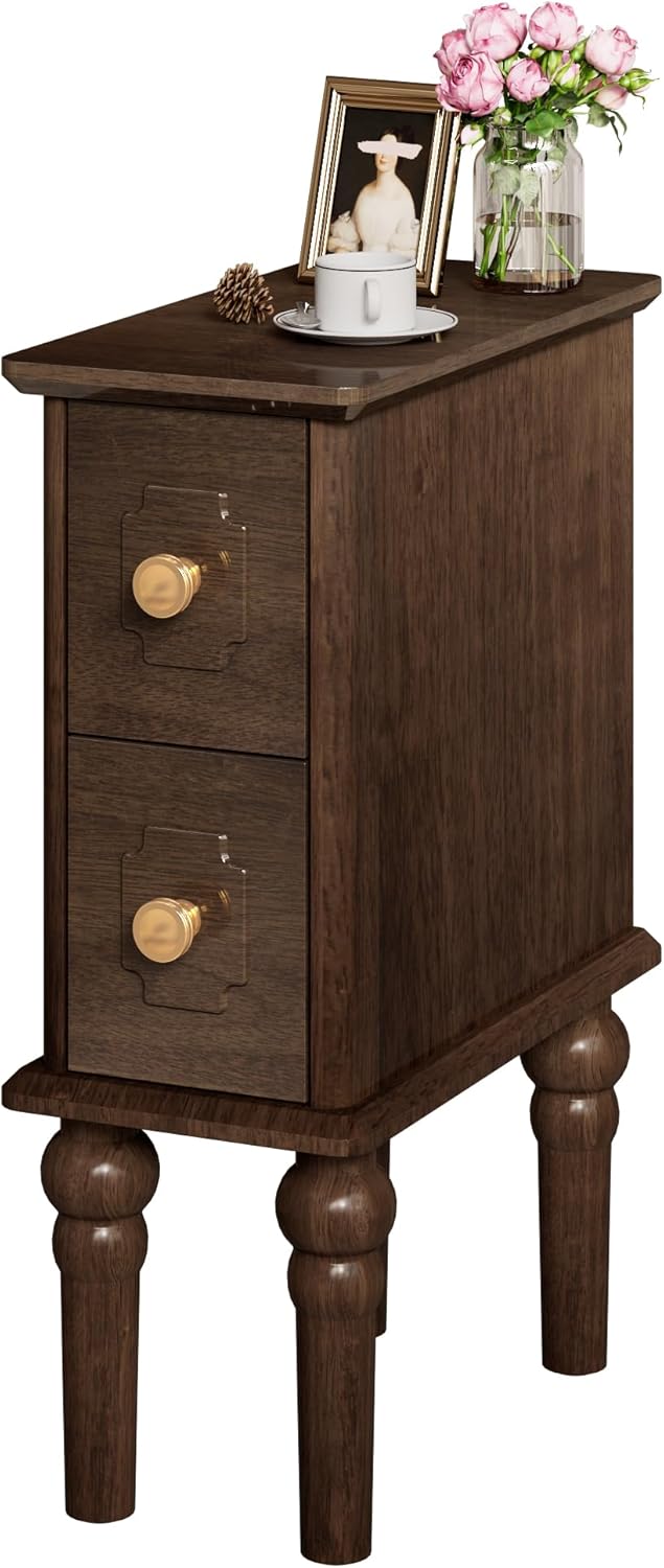 Solid Wood End Table, Walnut Narrow Side Table with Drawers, Small Nightstand Skiny Beside Table for Small Space, Living Room, Bedroom, 8" Width