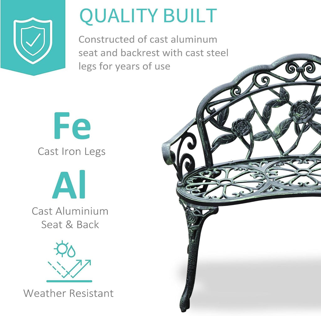 Floral Rose Design Antique Green Cast Aluminum FFor rame Weatherproof Premium Heavy Duty Durable Outdoor Loveseat