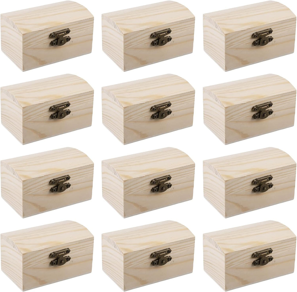 Pack of 12 Wooden Treasure Chest with Curved Lid and Metal Clasp 9 x 5.5 x 5 cm Wooden Box with Vintage Clasp Hinges Treasure Chest for Birthday Pirate Parties Gifts Jewellery Box