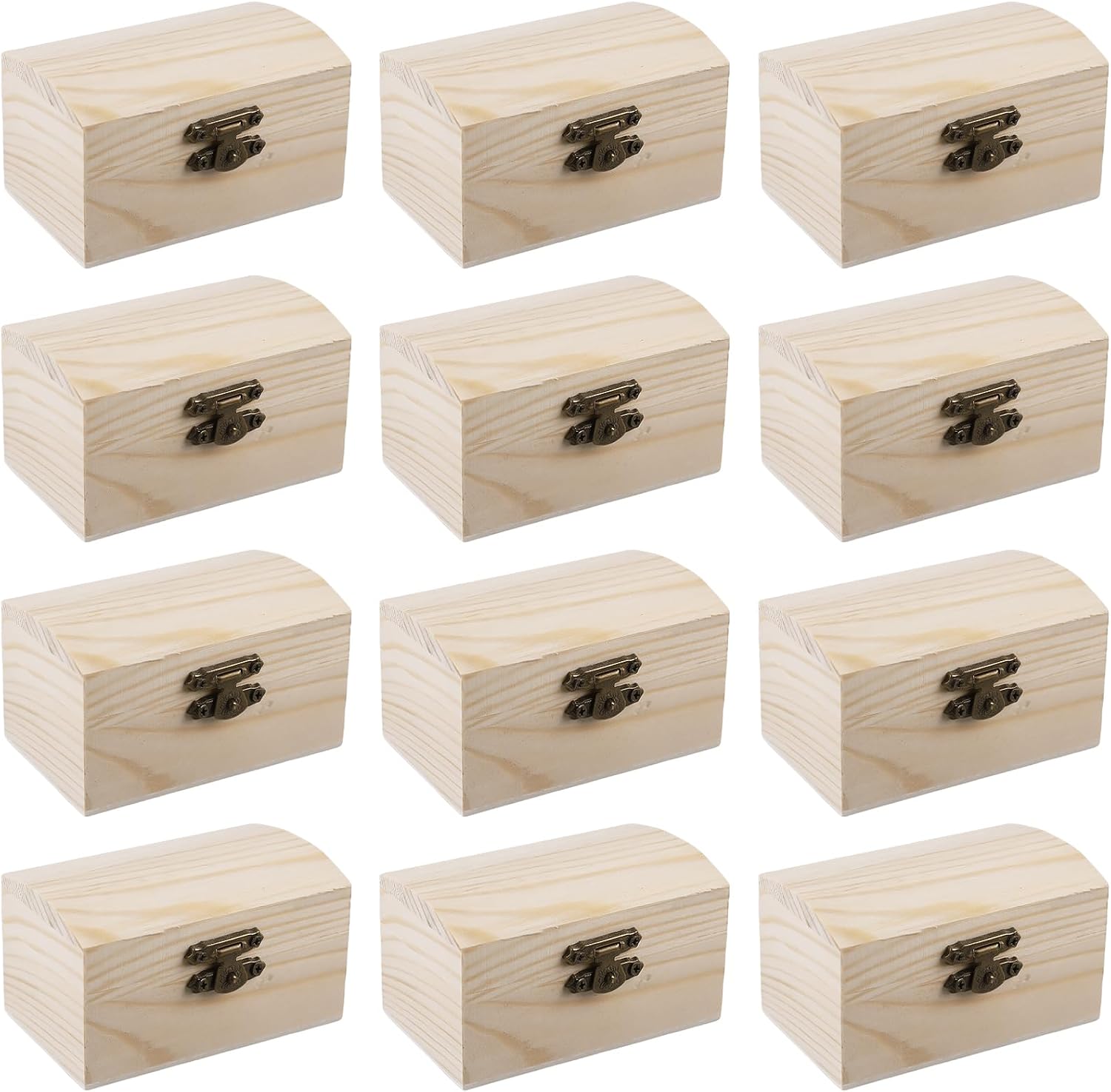 Pack of 12 Wooden Treasure Chest with Curved Lid and Metal Clasp 9 x 5.5 x 5 cm Wooden Box with Vintage Clasp Hinges Treasure Chest for Birthday Pirate Parties Gifts Jewellery Box