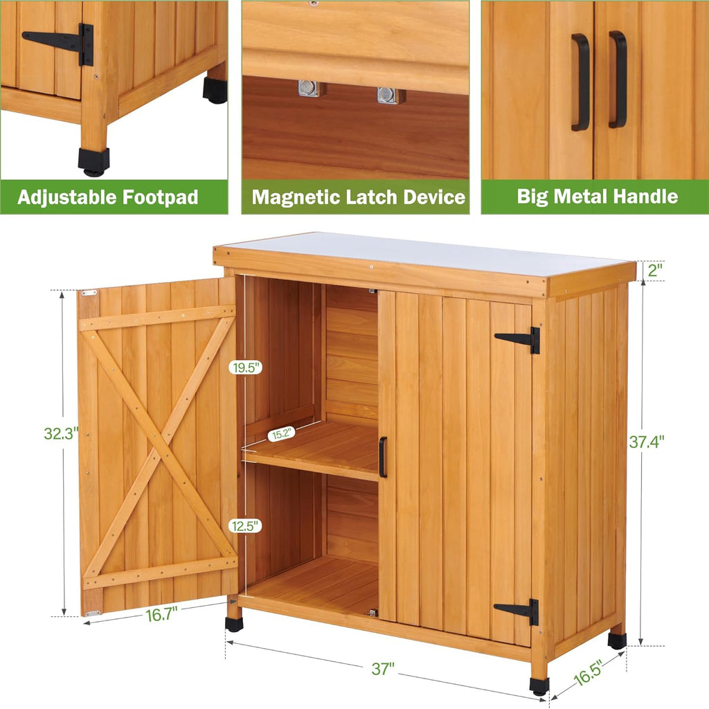 Potting Bench Table, Wooden Storage Cabinet with Removable Shelf, Metal-Plated Tabletop, Light Brown, 36x31x19 in, for Backyard Patio Lawn Gardening