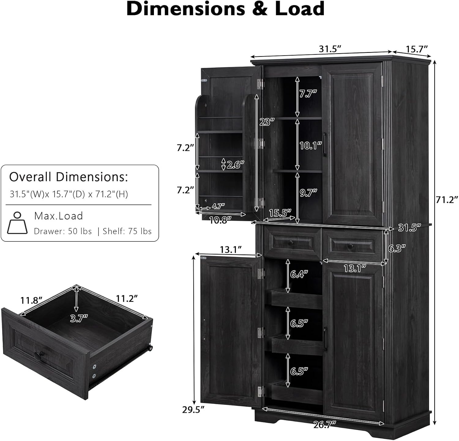 71" Tall Kitchen Pantry Cabinet with 6 Doors & 2 Drawers, Farmhouse Cupboard Storage Cabinet with 6 Door Shelves & 3 Pull Out Cabinet Organizers, Freestanding Sideboard for Kitchen, Dining Room
