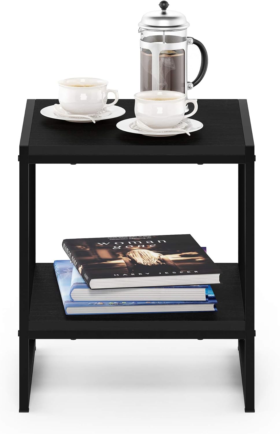 Furinno Camnus Side Table, 2-Tier Black End Table with Metal Frame, Square Night Stand with Open Shelf, Bedside Table, Easy Assembly, for Living Room, Bedroom, Dark Americano