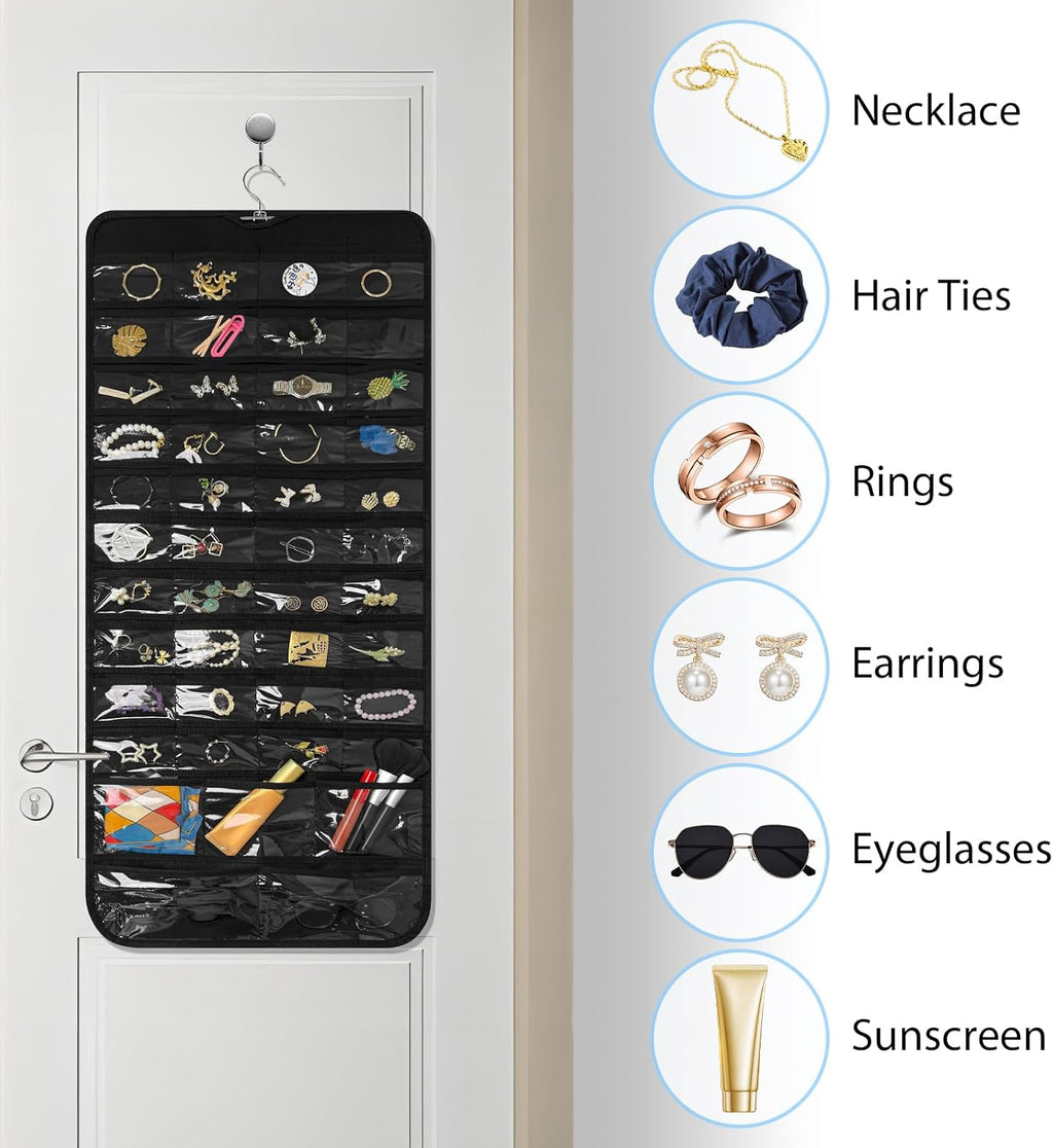 Bloss Black Hanging Jewelry Organizer With 90 Pockets for Closet, Earring Holder Organizer Storage, Over The Door Jewelry Organizer, Double-Sided Jewelry Holder for Earrings,Necklaces,Rings