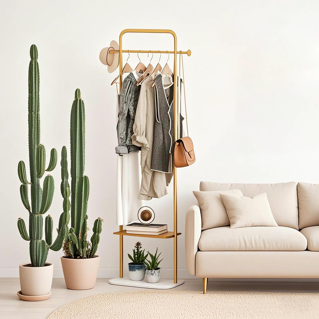 KaKaBB Gold Clothing Rack, Freestanding Coat Rack with Metal Shelves and Natural Marble Base, Small Clothes Stand Organizer for Bedroom, Entryway, Apartment (Gold, 19.7")