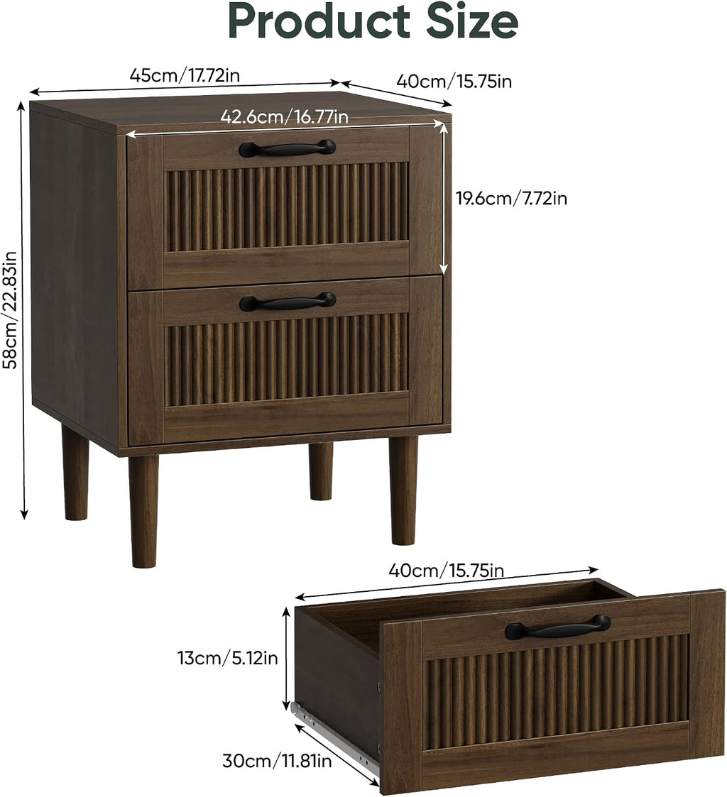 Smart FENDEE Fluted Nightstand with 2 Drawers, Bedside Table with Solid Wood Legs, Mid-Century Modern End Table for Bedroom, Home Office, Walnut