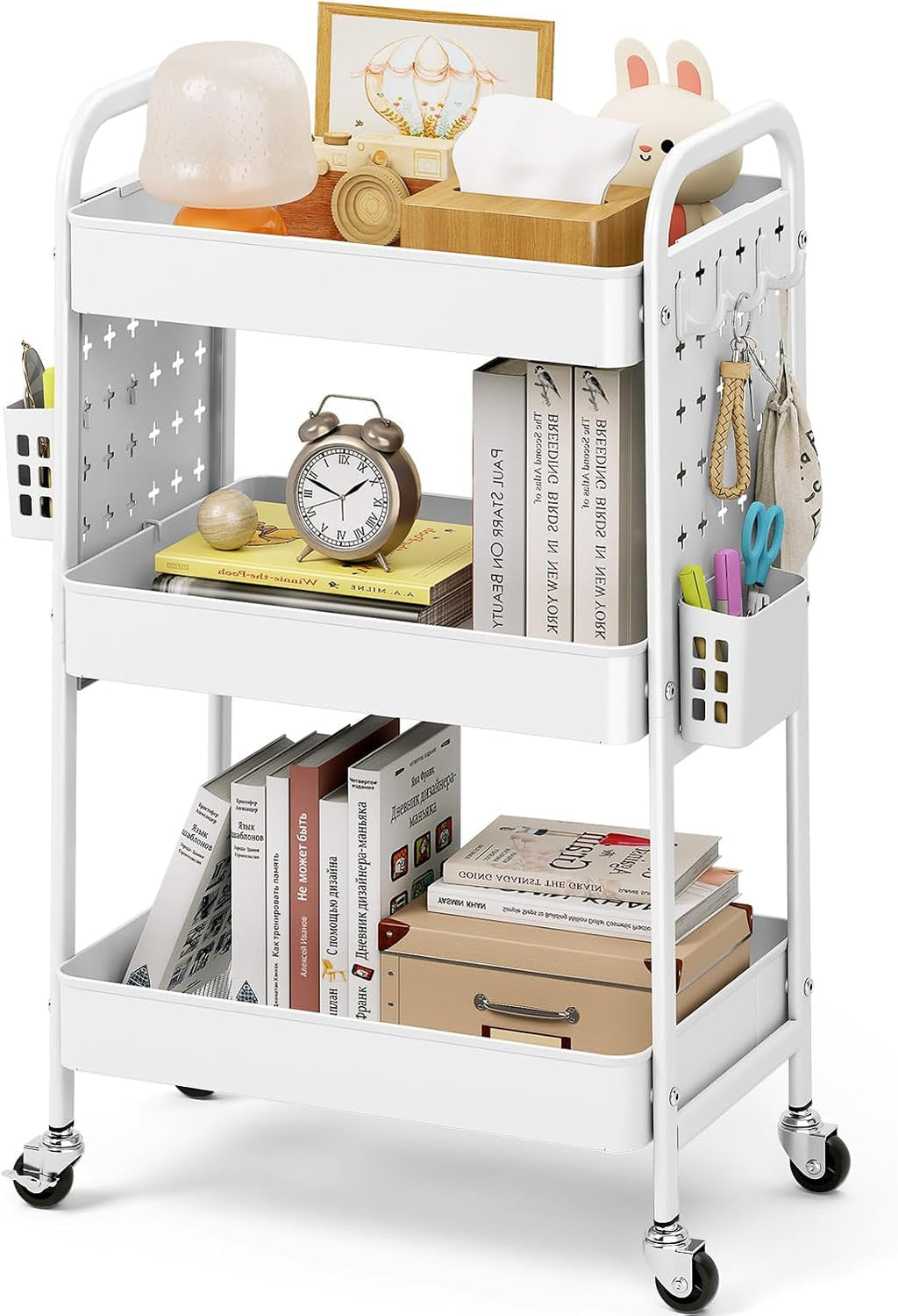 KINGRACK 3 Tier Rolling Cart with DIY Pegboard, Metal Utility Cart with Wheels, Hooks & Baskets, Sturdy Storage Organizer for Craft, Bathroom, Kitchen, Office, Nursery, Classroom (White)