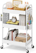 KINGRACK 3 Tier Rolling Cart with DIY Pegboard, Metal Utility Cart with Wheels, Hooks & Baskets, Sturdy Storage Organizer for Craft, Bathroom, Kitchen, Office, Nursery, Classroom (White)