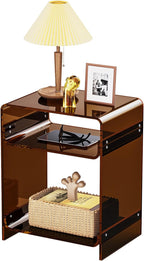 Acrylic End Table Record Player Table with Storage Shelf Clear Side Table Nightstand (Dark Brown)