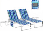 Outsunny Tanning Chair Set of 2 with Face Hole, Side Table, 5-Position Reclining Folding Chaise Lounge Chair Outdoor Lounger Recliner, Carry Straps for Beach Pool Camp, Oxford Fabric, Blue Stripe