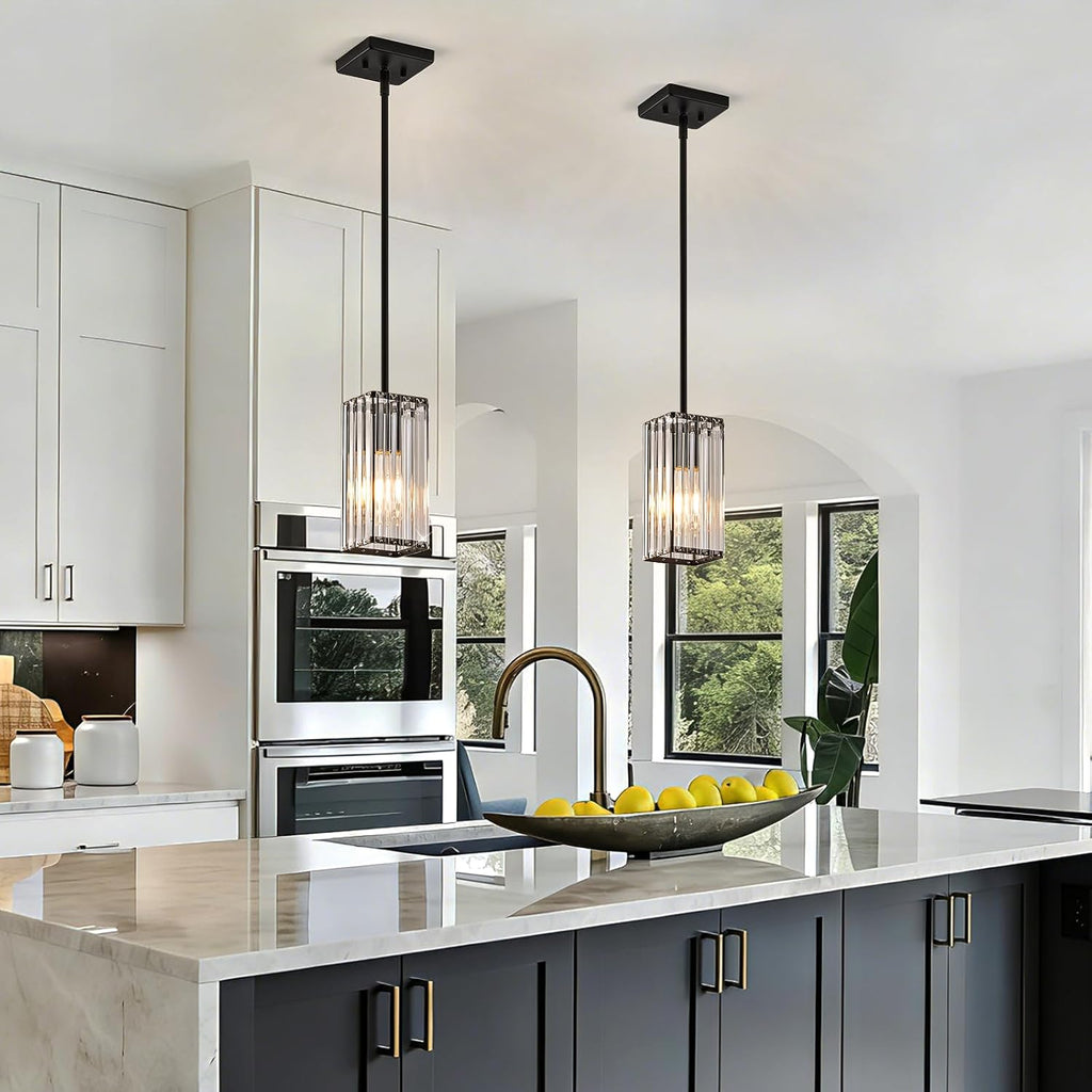 Modern Crystal Pendant Lights Kitchen Island, 3-Pack Black Hanging Light with Clear Crystal Shade, Adjustable Height Pendant Lighting for Kitchen Island Dining Room Bedroom Bar Entryway