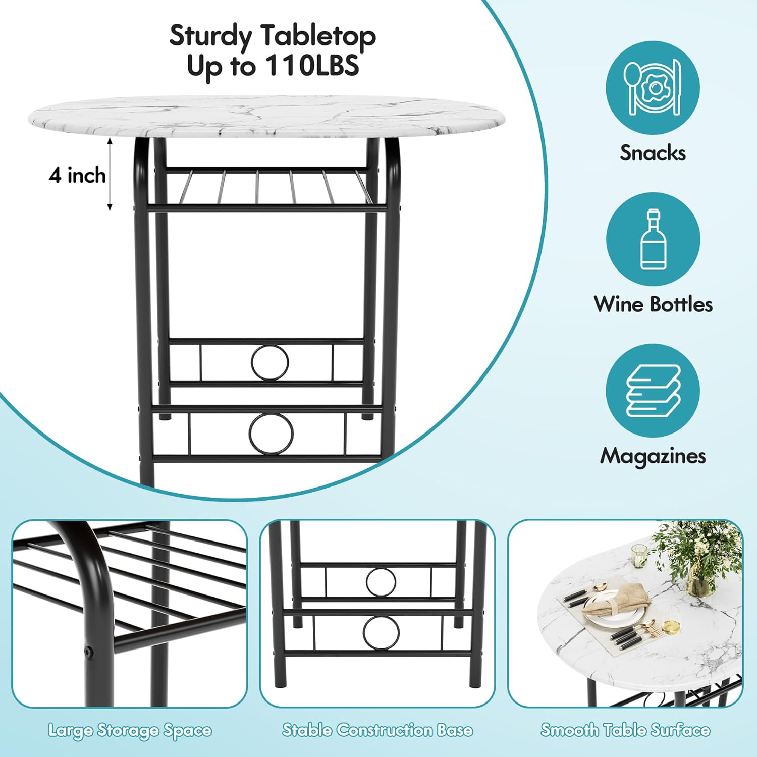 Flamaker Dining Table for 2, 3 Piece Round Table & Chair Set, Small Kitchen Table for Breakfast Nook, Wood Grain Tabletop & Built-in Storage Rack, Space Saving for Kitchen, Dining Room (White & Black)