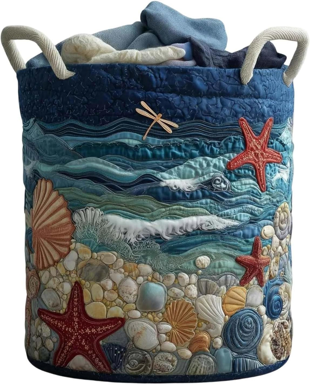 Quilted Laundry Basket with Handles Boho Fabric Storage Hamper Large Foldable Soft Storage Baskets Lightweight Multi-functional Organizer for Nursery Laundry Room Dirty Clothes Toys (Ocean)