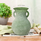 Green Glass Vase with Handles, 7.5 Inch Rustic pottery Style Flower Vase, Vintage Decorative Round Bud Jar for Dried Flowers, Earthy Aesthetic Centerpiece for Modern Farmhouse & Boho Spring Home Decor