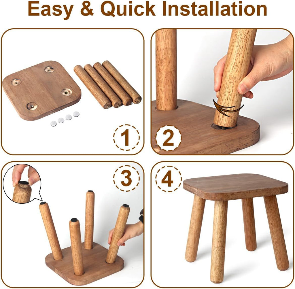Clucycia Wooden Step Stool 9inch Small Solid Wood Plant Stand Non-Slip Footstool Chair for Adults and Kids Portable and Sturdy Decor for Bed,Bathroom,Kitchen,Living Room Walnut Wood Color