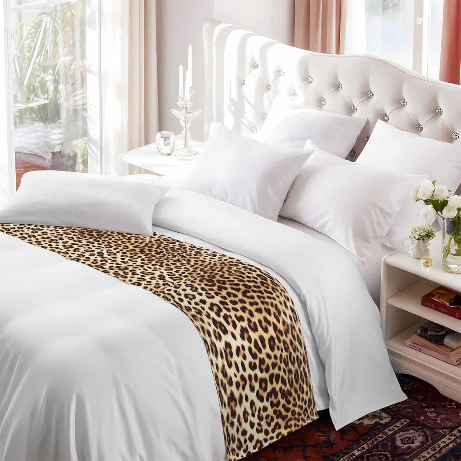 Farmhouse Brown Tan Leopard Print Bed Runners for Bedroom Hotel,Decorative Bedding Scarf Abstract Wild Animal Texture Bed End Blanket Bedding Runner Scarves for California King Size Beds,102x20in