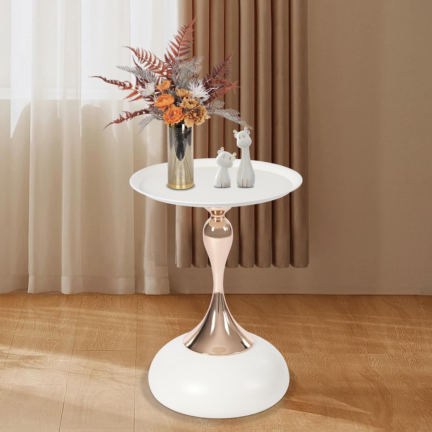 Metal Round End Table,Small Round Side Tables for Small Spaces, Modern Pedestal End Table Living Room, Metal Drink Tables Martini Table, Unique Circle Accent Tables for Sofa, Bedroom (White+Rose Gold)