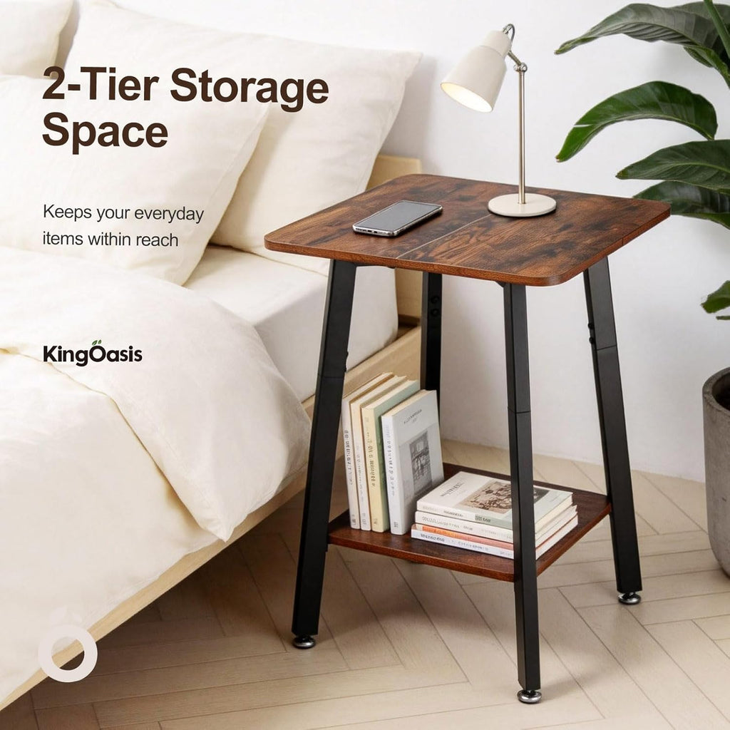 King Oasis 2-Tier Small Side Table for Living Room, End Table with Storage Shelf, Wood & Metal Bedside Table Nightstand for Small Spaces, Sturdy Sofa Side Table for Bedroom, Rustic Brown