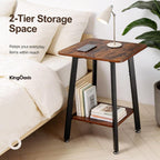 King Oasis 2-Tier Small Side Table for Living Room, End Table with Storage Shelf, Wood & Metal Bedside Table Nightstand for Small Spaces, Sturdy Sofa Side Table for Bedroom, Rustic Brown 2pcs