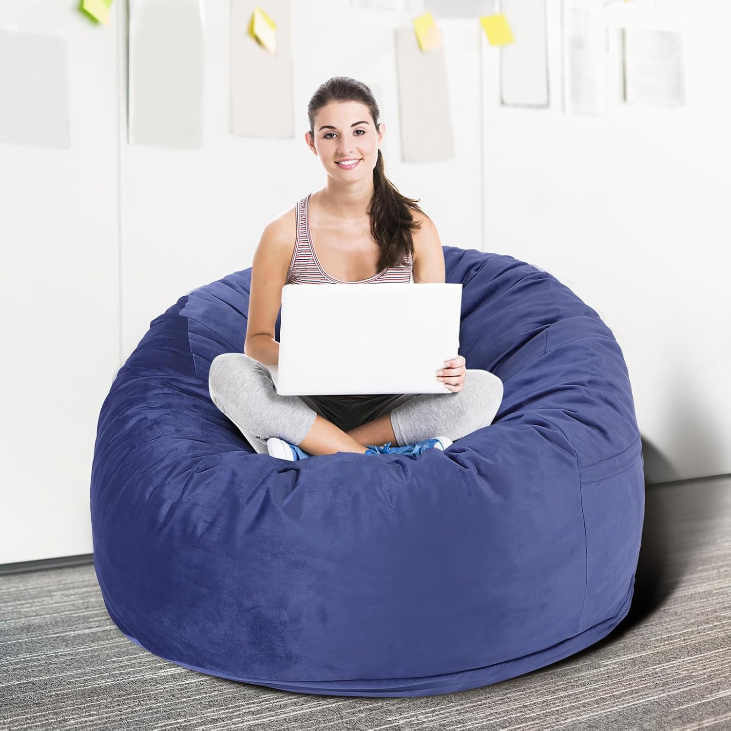 3 Feet Bean Bag Chair, Memory Foam Filled, Removable Cover, Bean Bag Chairs for Adults and Teens, Round Sofa Chair for Living Room, Bedroom and Gaming Room, Blue