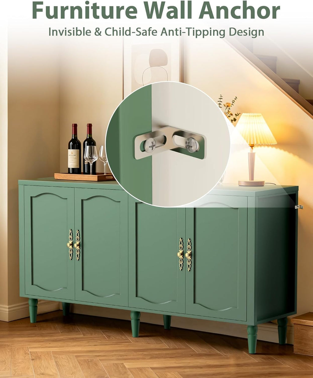 fineway 63" Sideboard Buffet Cabinet, Mid Century Modern Credenza Storage Cabinet with Carved Handle & Adjustable Shelves, Buffet Table Kitchen Coffee Bar for Living Room Dining Room - Green