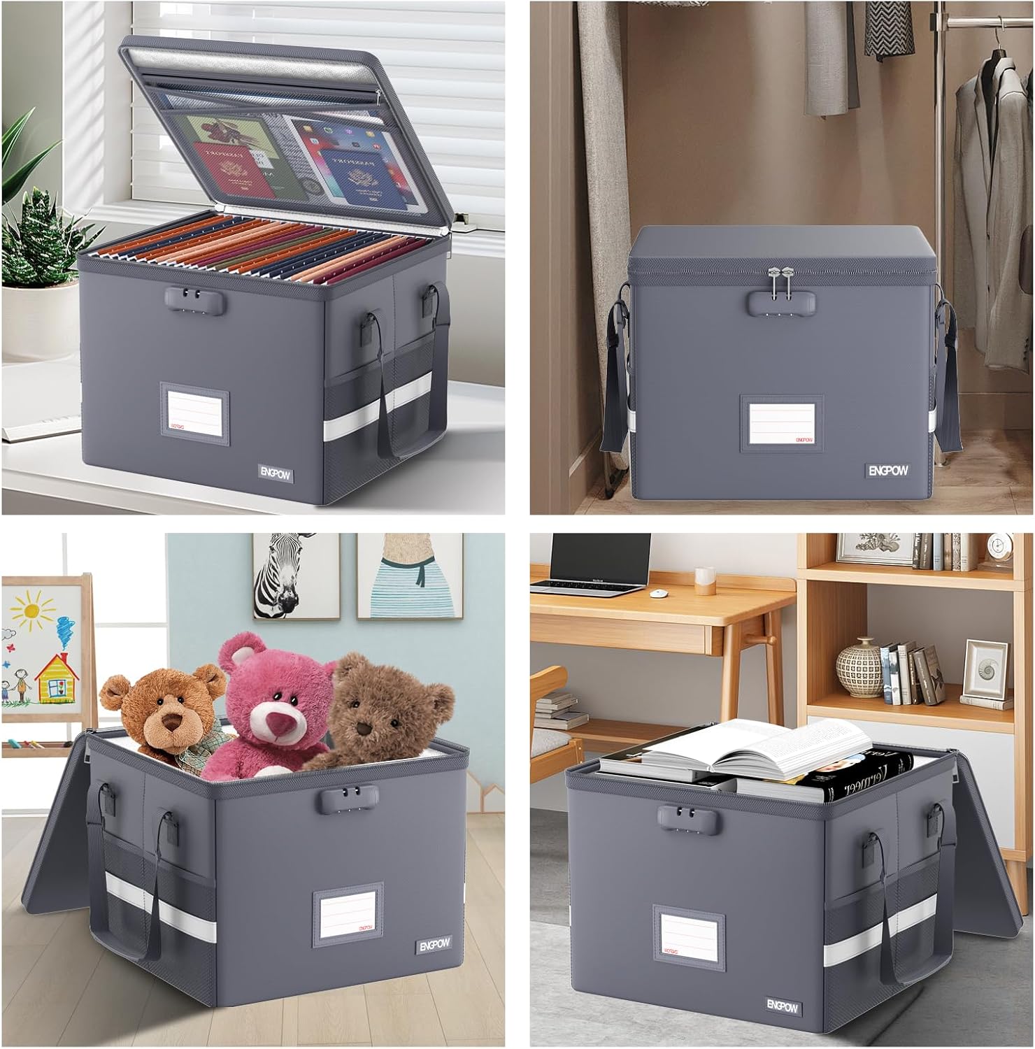 ENGPOW 5200°F File Box Fireproof Document Box with Lock,Heat Insulated Collapsible File Storage Organizer Box with Handle,Portable Home Office File Cabinet for Hanging Letter/Legal Size Folder, Gray