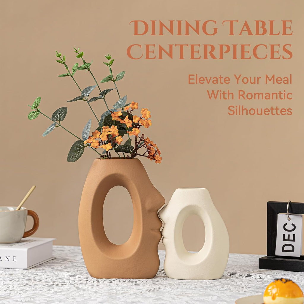Beige & Brown Ceramic Vases for Home Decor, Modern Abstract Face Vase Set of 2, Unique Boho Flower Vases for Living Room, Office, Entryway, Wedding for Couple, Home Gifts for Friends