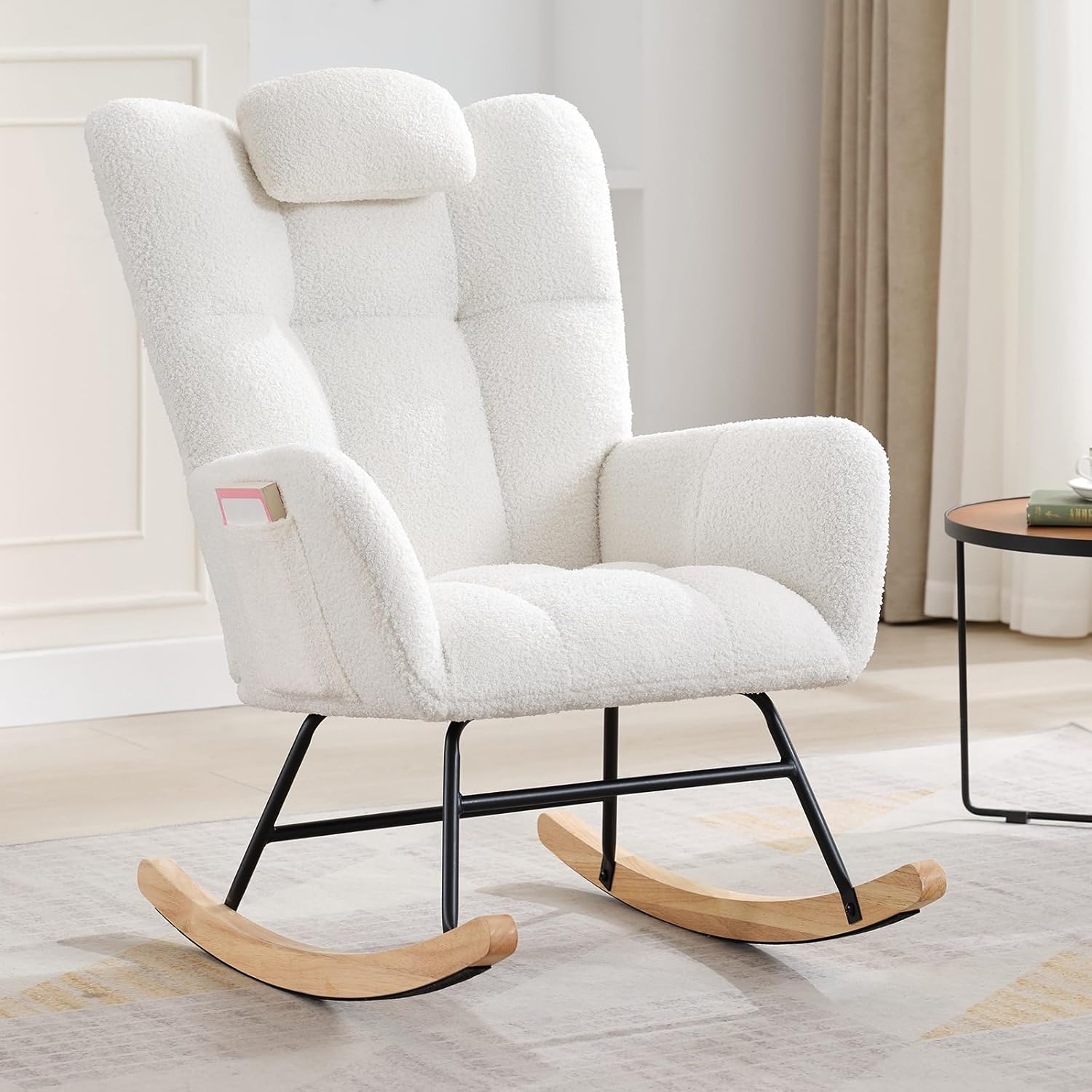Upholstered Nursery Rocking Chair with Teddy Fabric, High Backrest and Padded Seat, Modern Accent Glider Recliner for Living Room, Bedroom and Reading Nook, Beige