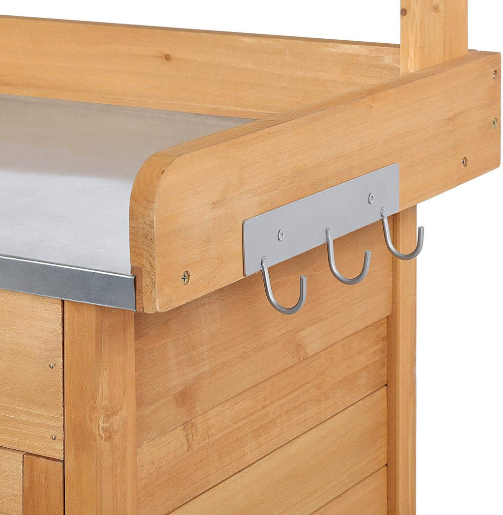costoffs Potting Bench Wood Garden Potting Table with Cabinet and and Drawers Outdoor Metal Surface Work Bench for Greenhouse with Hooks and Shelf Wood