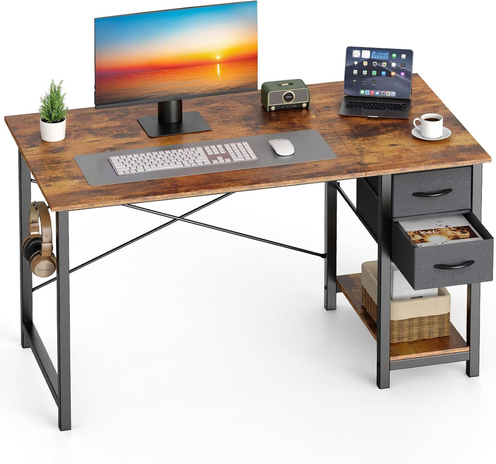Sweetcrispy 40 Inch Computer Desk with Drawers for Home Office Writing Desk X Shaped Reinforcement Wood Surface Adjustable Position Modern Study Work Side Hook Metal Frame Storage Station Rust