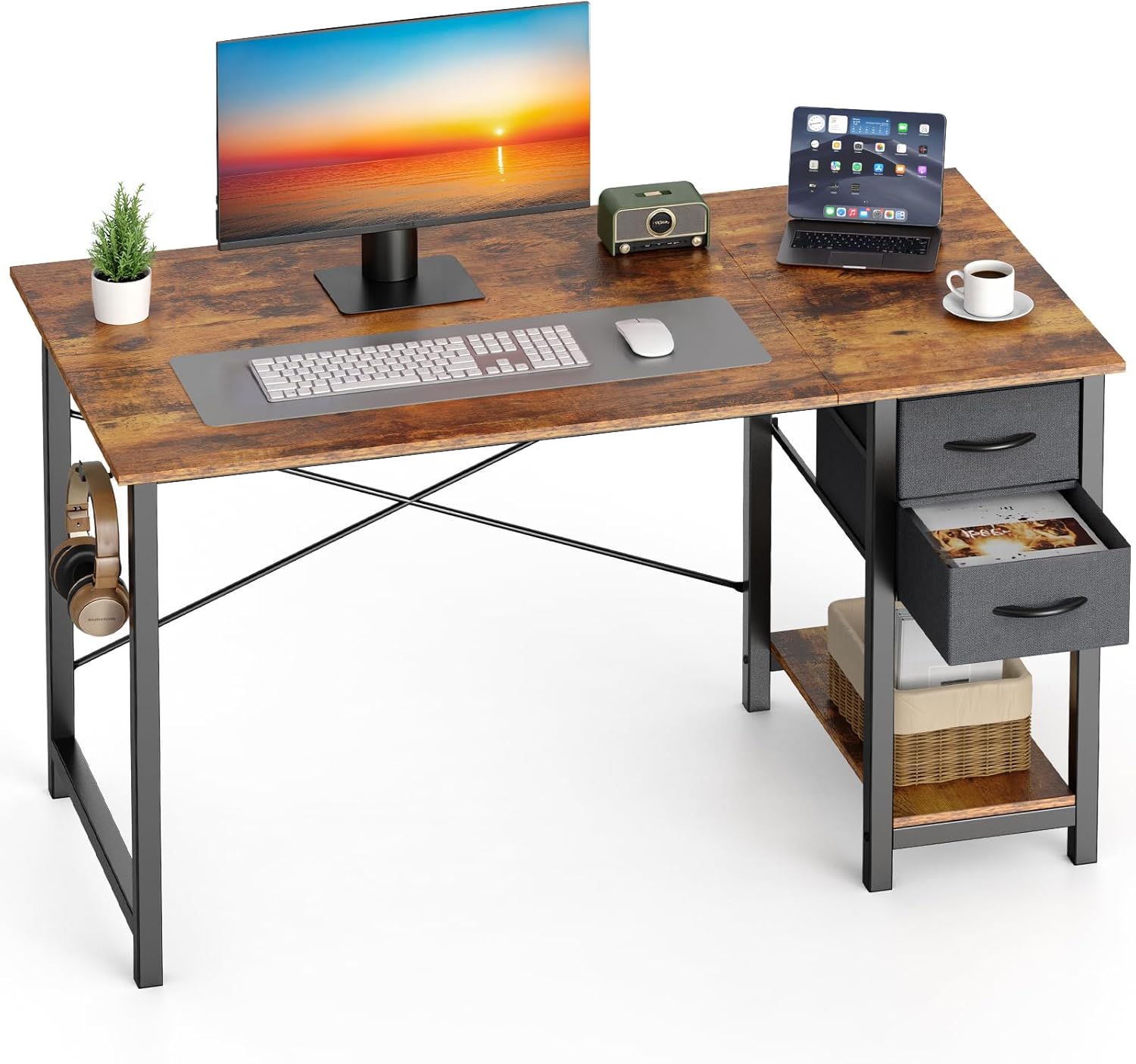 Sweetcrispy 40 Inch Computer Desk with Drawers for Home Office Writing Desk X Shaped Reinforcement Wood Surface Adjustable Position Modern Study Work Side Hook Metal Frame Storage Station Rust