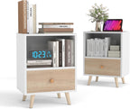 JAXPETY End Tables Set of 2, Night Stand with Drawer and Open Storage Shelf, Bedside Tables with Solid Wood Legs, Side Table, for Bedroom/Living Room(2-Packs,White)