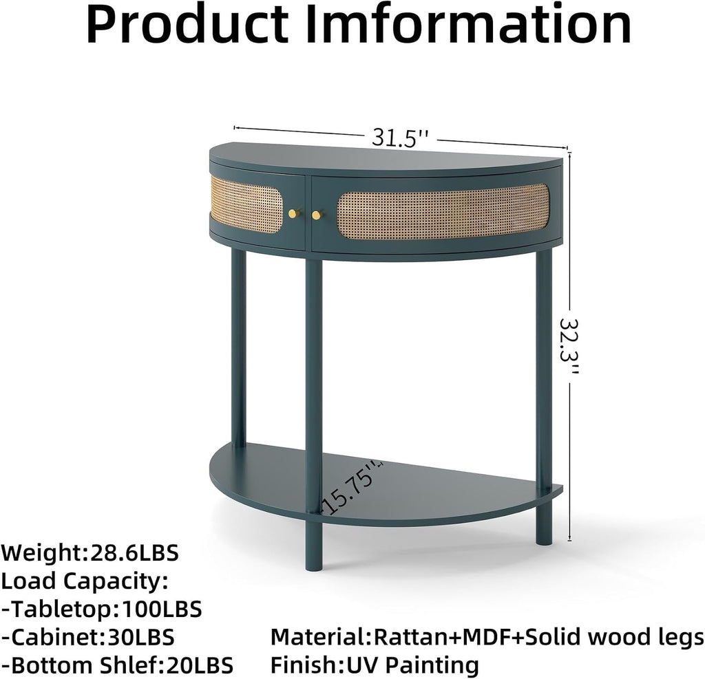 Unique Half Moon Console Table with Rattan Doors, 31.5" Rattan End Table with 2 Drawers & Storage Shelf, Antique Green Half Moon Entry Tables for Living Room, Entryway, Bedroom