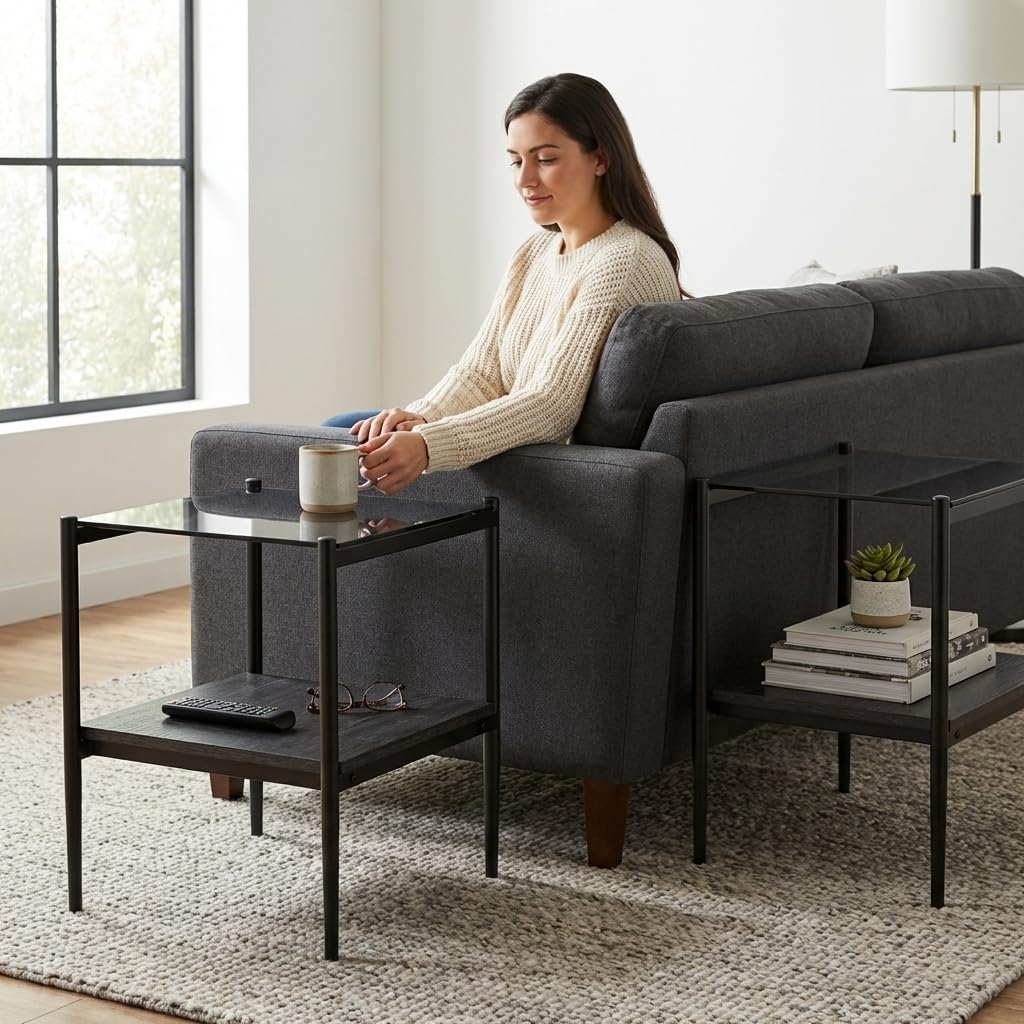 Set of 2 Rectangle End Tables, Modern Living Room Glass End Table Side Tables with Tempered Glass Top and MDF Base, Gray