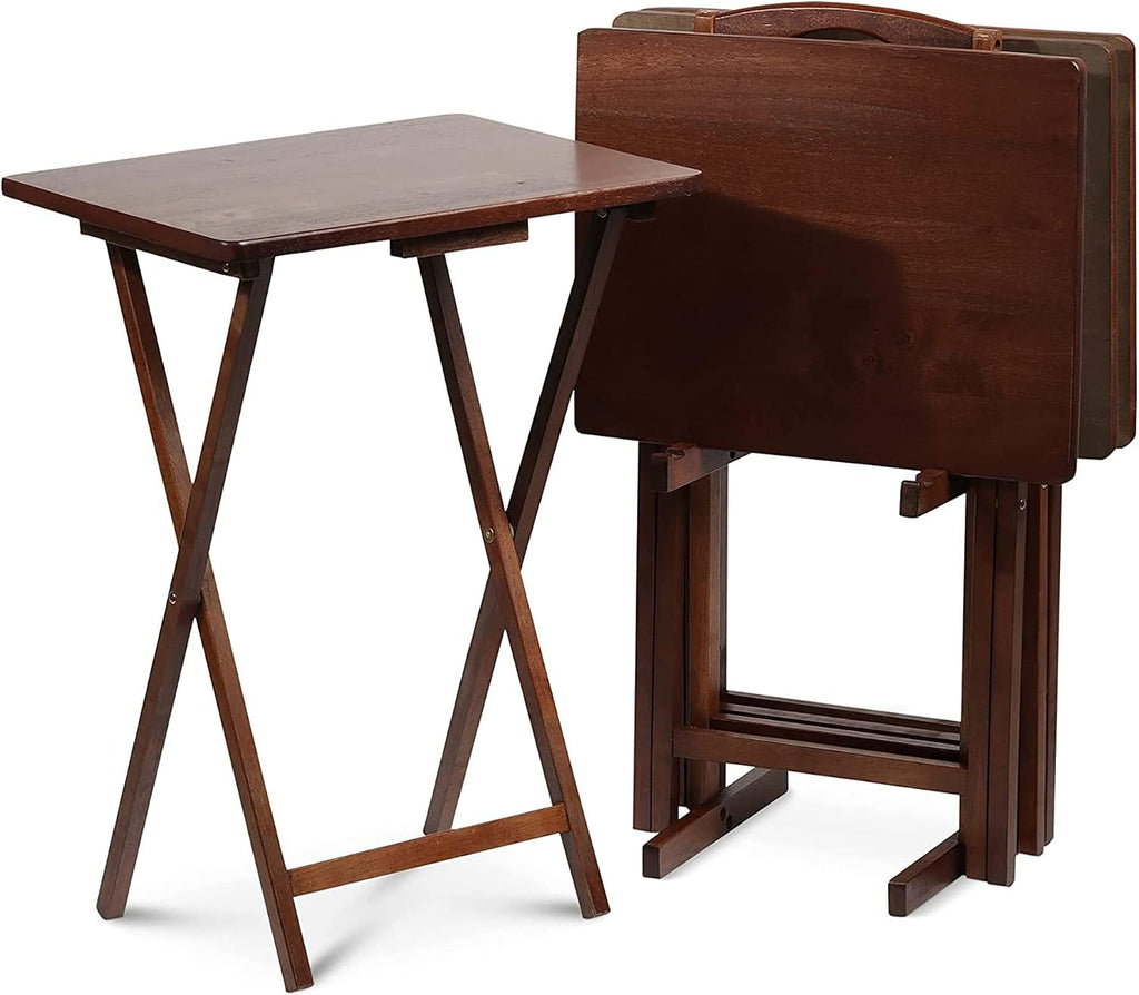 PJ Wood 5-Piece Wooden Folding TV Tray Table Set with Storage Stand, Honey Oak – Compact Dining or Snack Tables for Living Room, Bedroom, and Office