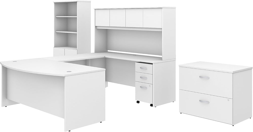 Studio C 72W x 36D U Shaped Desk with Hutch, Bookcase and File Cabinets in White