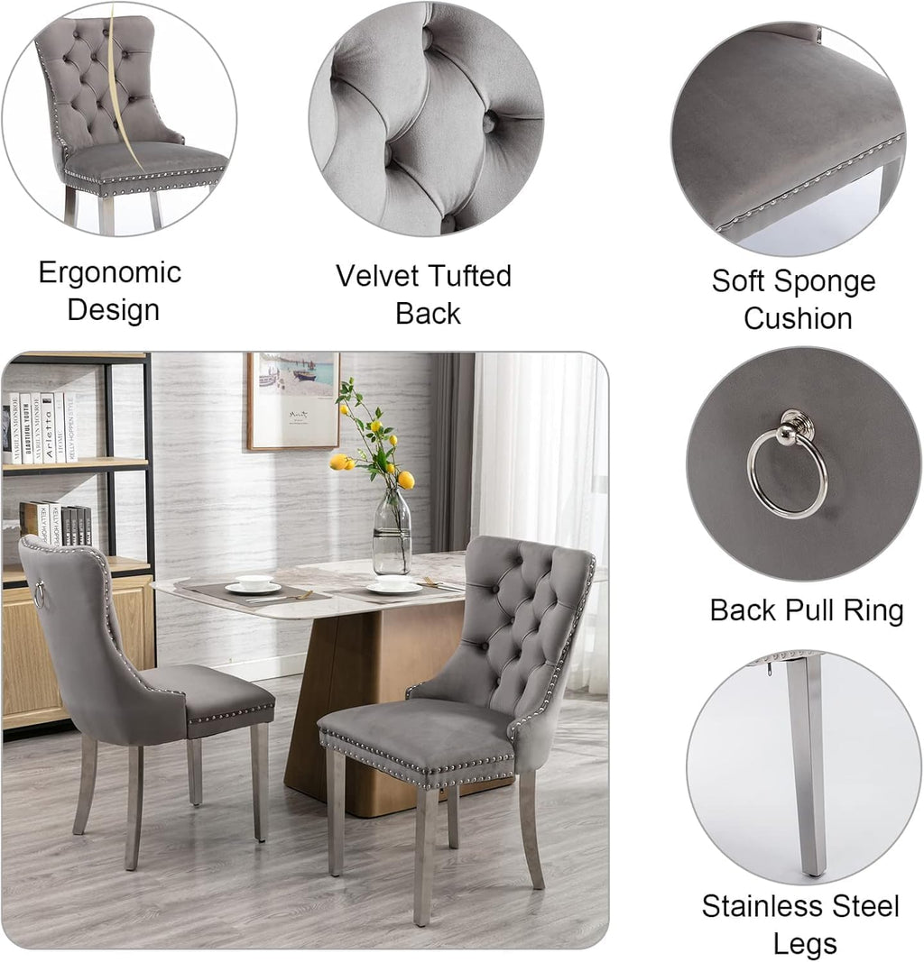 Rustic 7 Piece Dining Table Set, 62.99"-78.74" Extendable Dining Table & 6 Gray Velvet Dining Chairs with Stainless Leg, White Expandable Dining Room Table and Chairs Set
