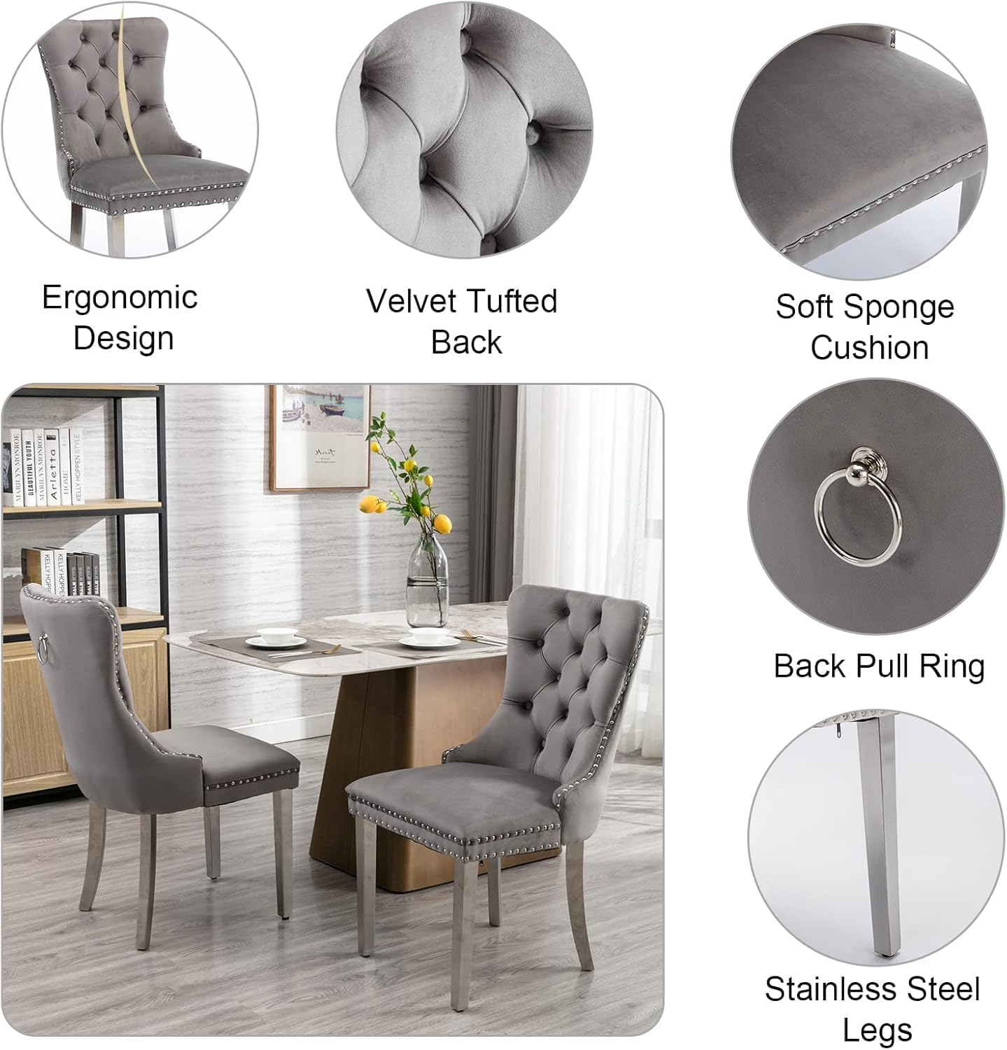 Extendable Dining Table Set of 6, White Rustic Kitchen Dining Table & 6 Gray Velvet Dining Chairs with Stainless Leg, 62.99"-78.74" Dining Room Table and Chairs Set, Modern 7 Piece Dining Set