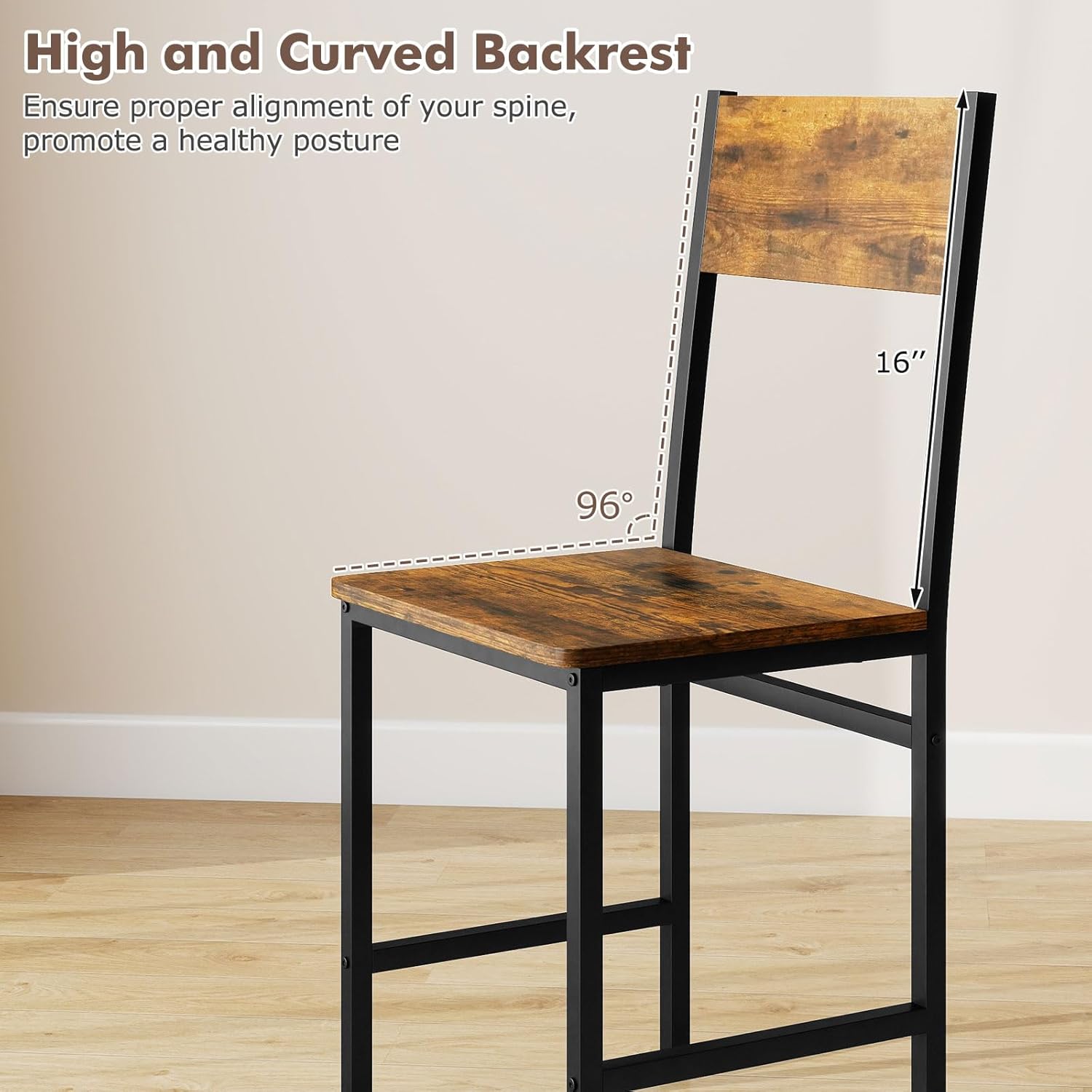 COSTWAY Dining Chairs Set of 4, Industrial Farmhouse Armless Side Chairs with Rustic Wood & Metal Frame, Wide Comfy Seat & Slanted High Back for Dining Room, Kitchen, Office, Restaurant