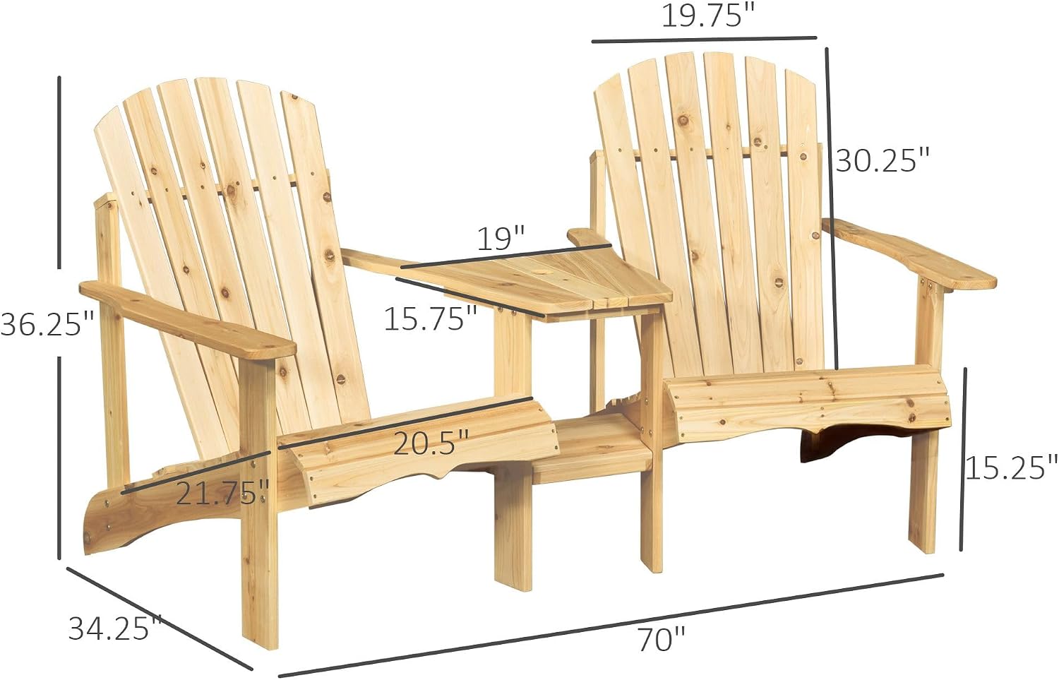 Comfortable 2-Unit Wooden Adirondack Chairs Set Featuring Center Table Umbrella Hole Natural Finish Durable Material Construction