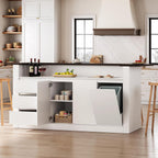 86.6" Large Kitchen Island with Trash Can Storage, Stationary Storage Island with 3 Drawers and 2 Shelves, Wood Island Table with Large Countertop for Kitchen, Dining Room,White