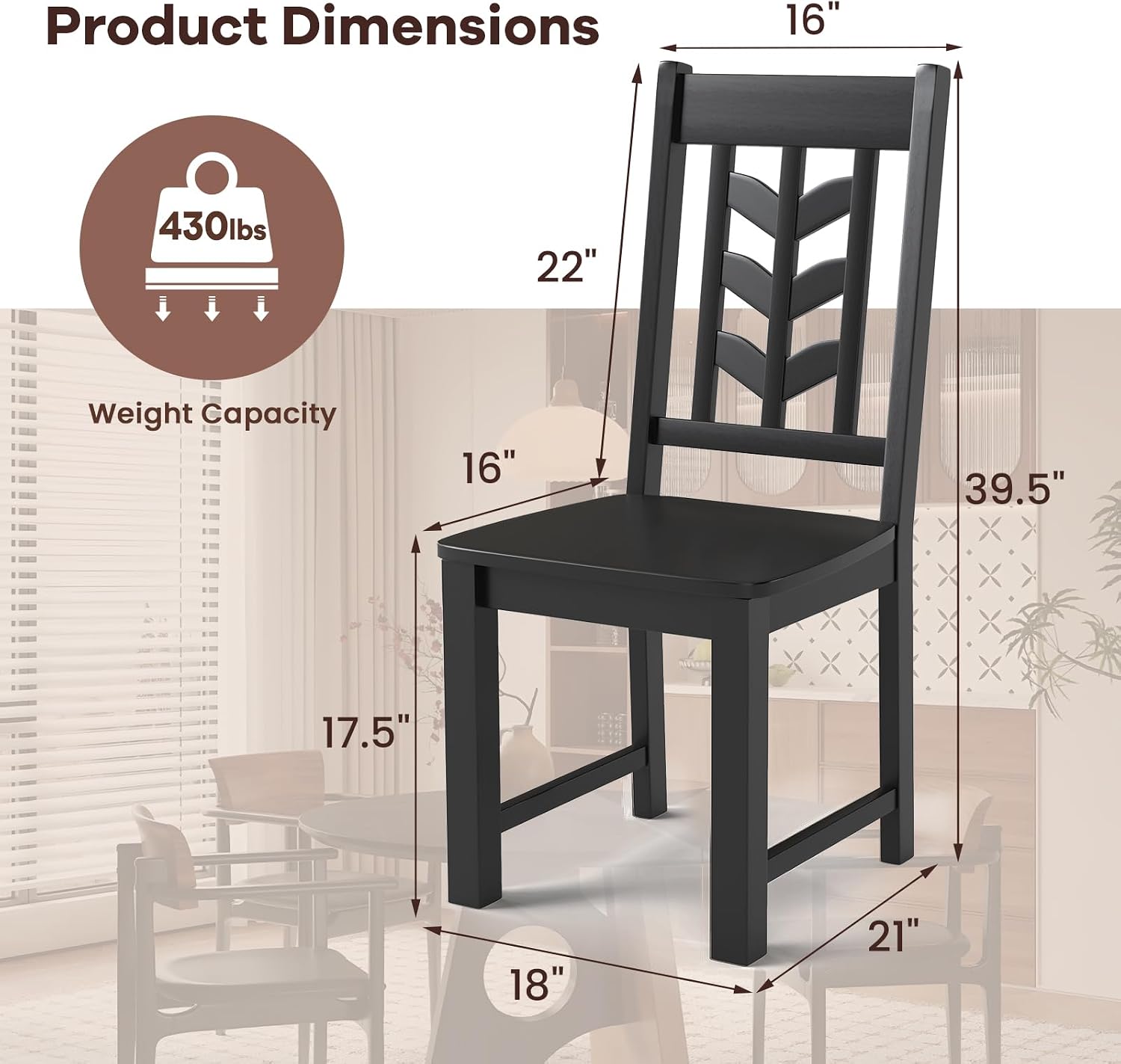 NAFORT Wood Dining Chairs Set of 6, Black Kitchen Chairs, Solid Rubber Wood Chair with Non-Slip Foot Pads, Max Load of 430 Lbs, Farmhouse Seat High Chevron Back Dining Room Chairs